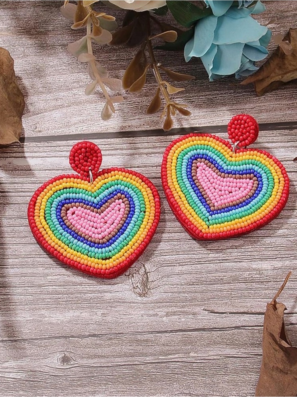 Colorful Rainbow Heart Beaded Earrings - Red, Pink, Blue, Green, Yellow